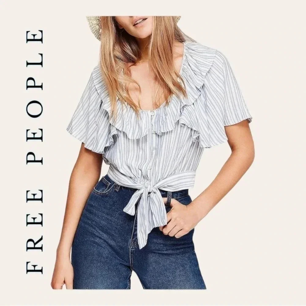 0387. FREE PEOPLE THE ROSEMARY TOP RUFFLES AND TIE FULLY BUTTON SIZE LARGE